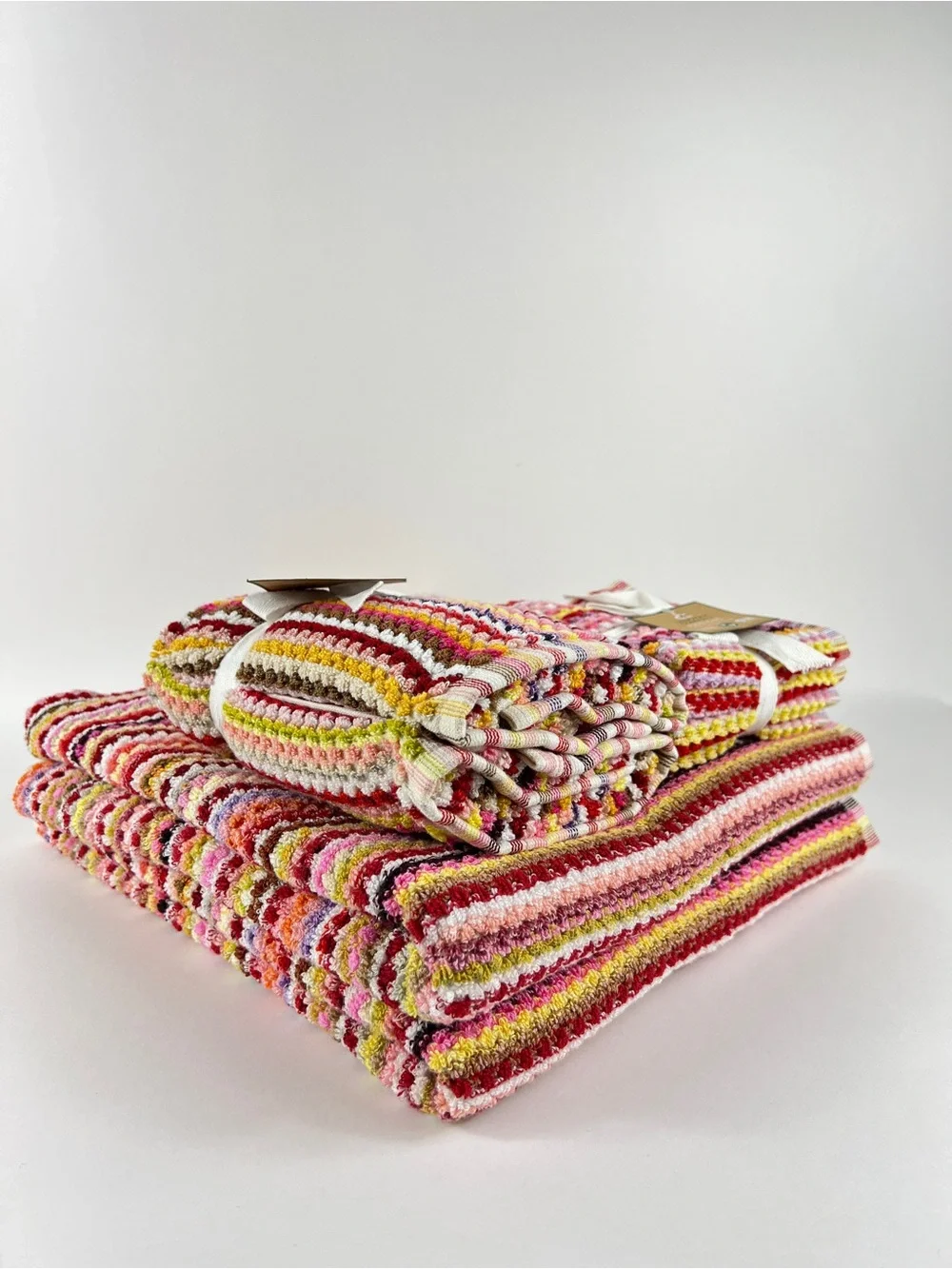 Deborah Connolly Bath Towel Set Pink Red Multicolor Striped Cotton 2 Pc Set NEW